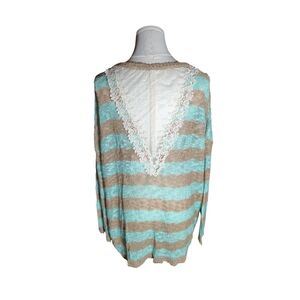 NWT Umgee Lace Back Striped Aqua and Mocha Sheer Scoop Neck Sweater Size XL 1XL